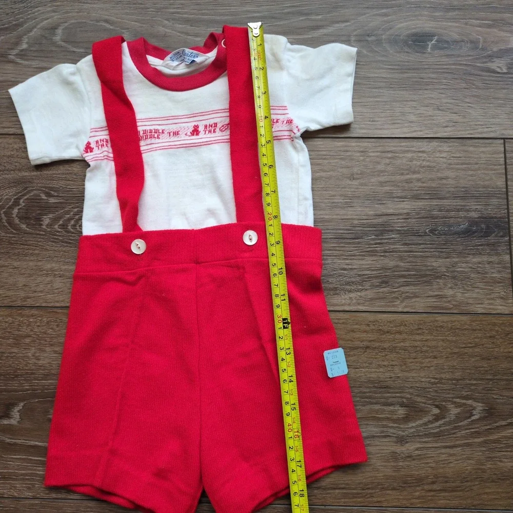 NOS Vtg 60s Red Overalls Romper + Carter's Nursery Rhyme Cat Shirt Infant Shorts